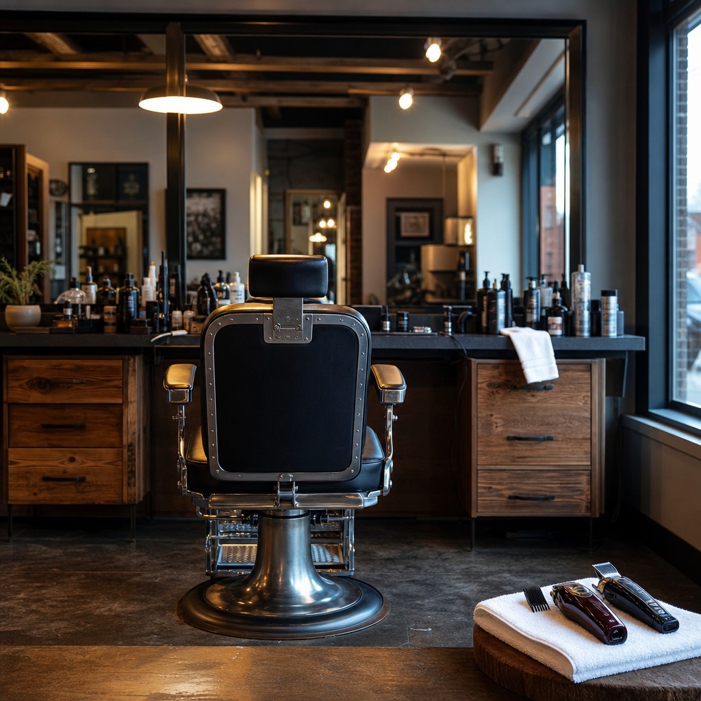 Cinematic barbershop interior, empty chairs at dusk